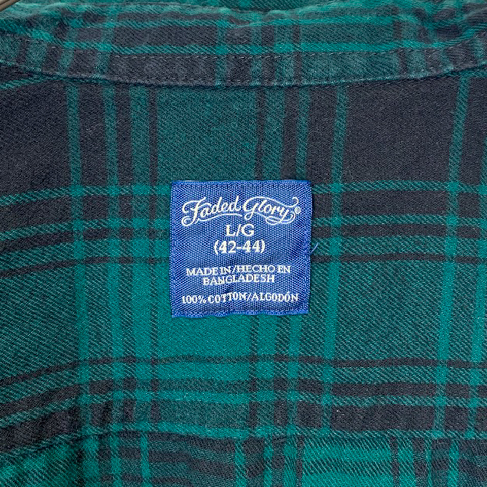 Faded Glory グリーン タータンチェック ボタンダウン フランネルシャツ