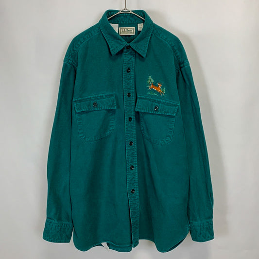 L.L.Bean 90s グリーン アニマル刺繍 ヘビーフランネルシャツ